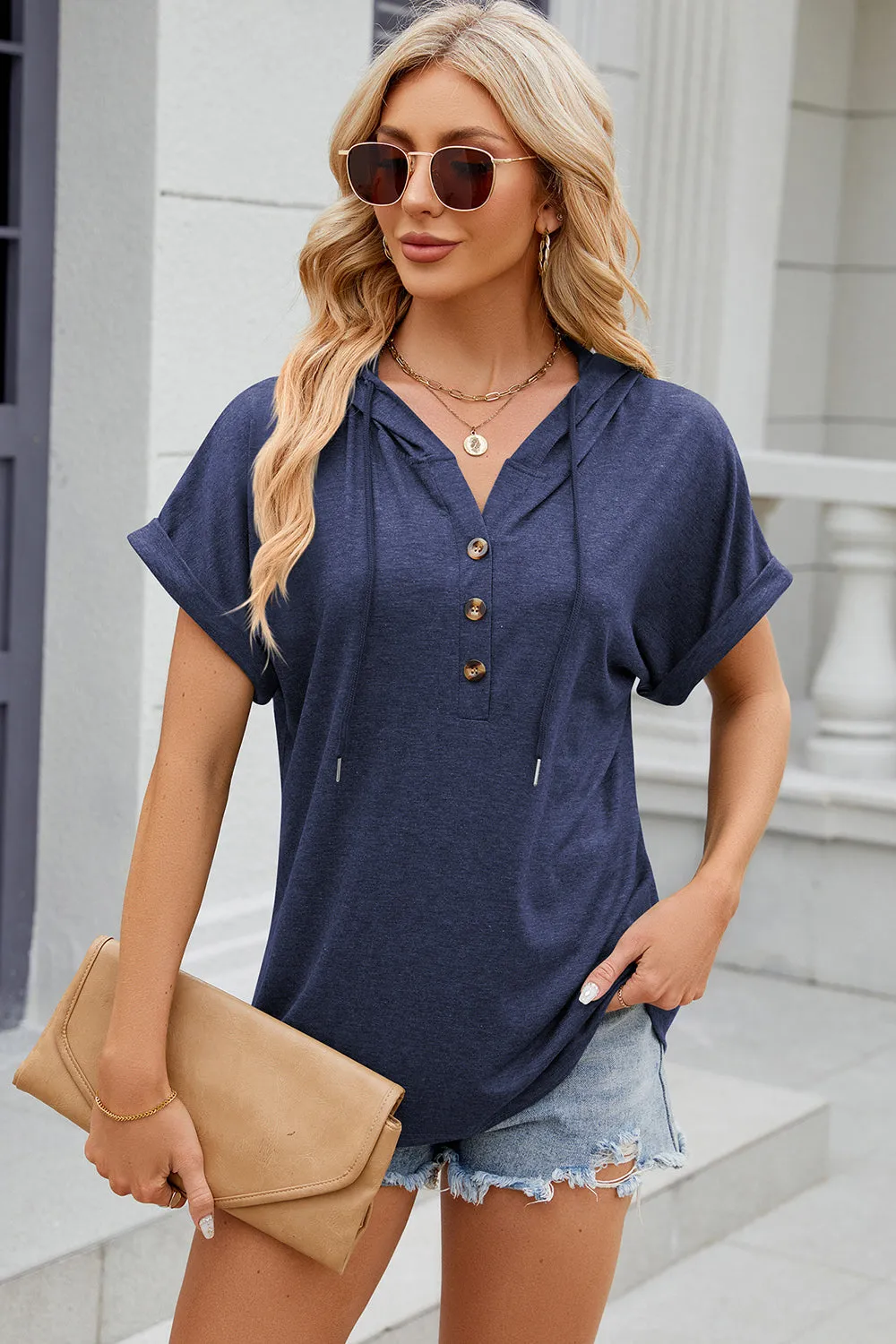 Diane Half Button Drawstring Short Sleeve Hooded T-Shirt