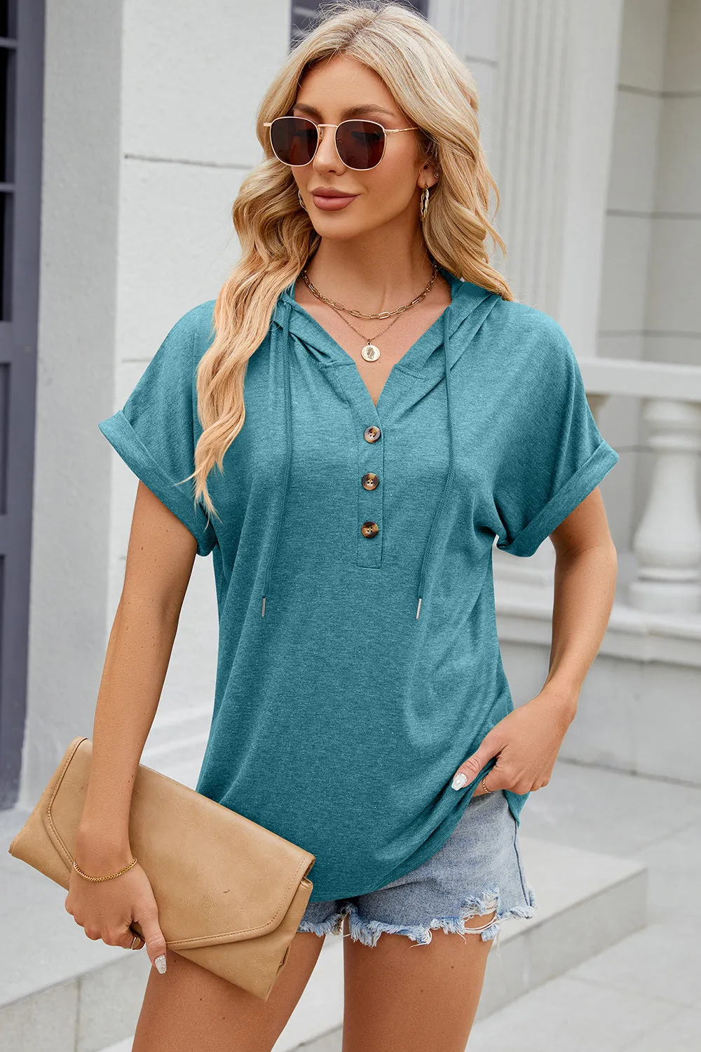 Diane Half Button Drawstring Short Sleeve Hooded T-Shirt