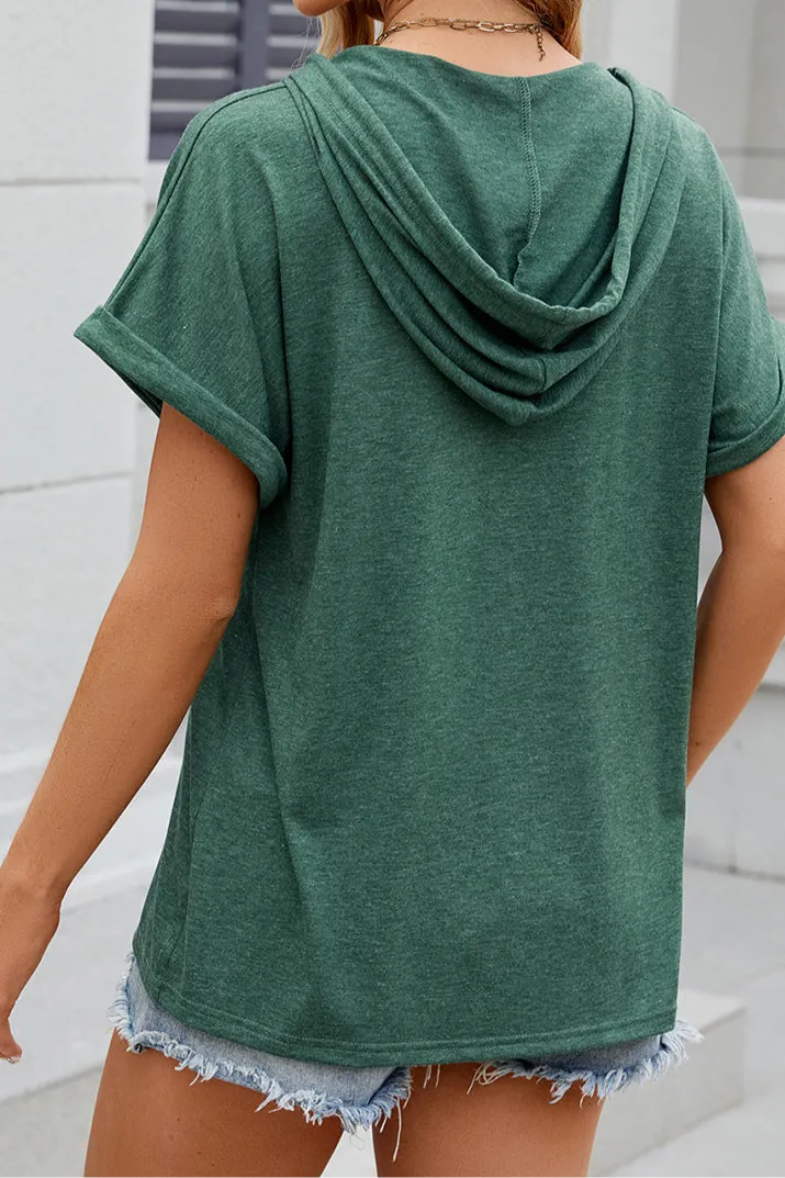 Diane Half Button Drawstring Short Sleeve Hooded T-Shirt