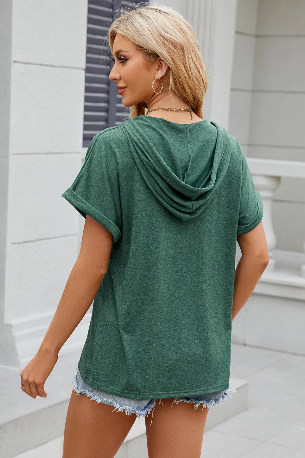 Diane Half Button Drawstring Short Sleeve Hooded T-Shirt