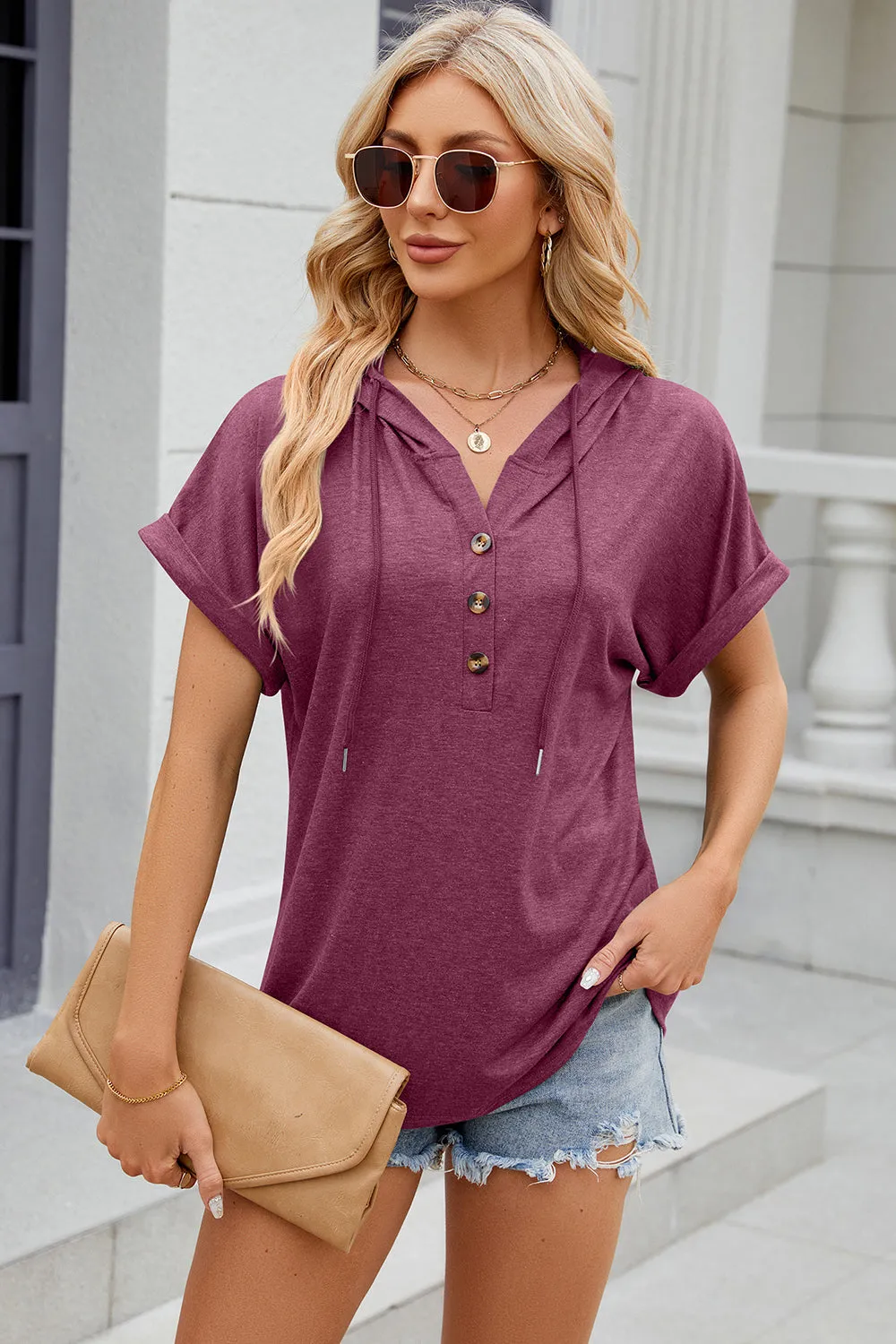 Diane Half Button Drawstring Short Sleeve Hooded T-Shirt