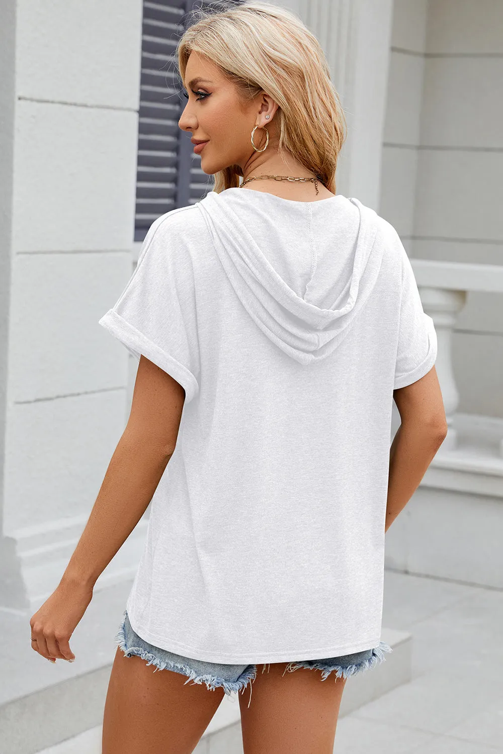 Diane Half Button Drawstring Short Sleeve Hooded T-Shirt