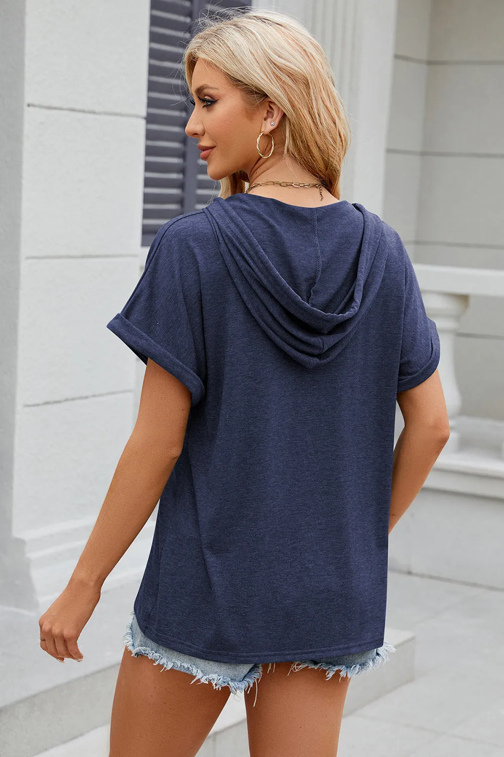 Diane Half Button Drawstring Short Sleeve Hooded T-Shirt