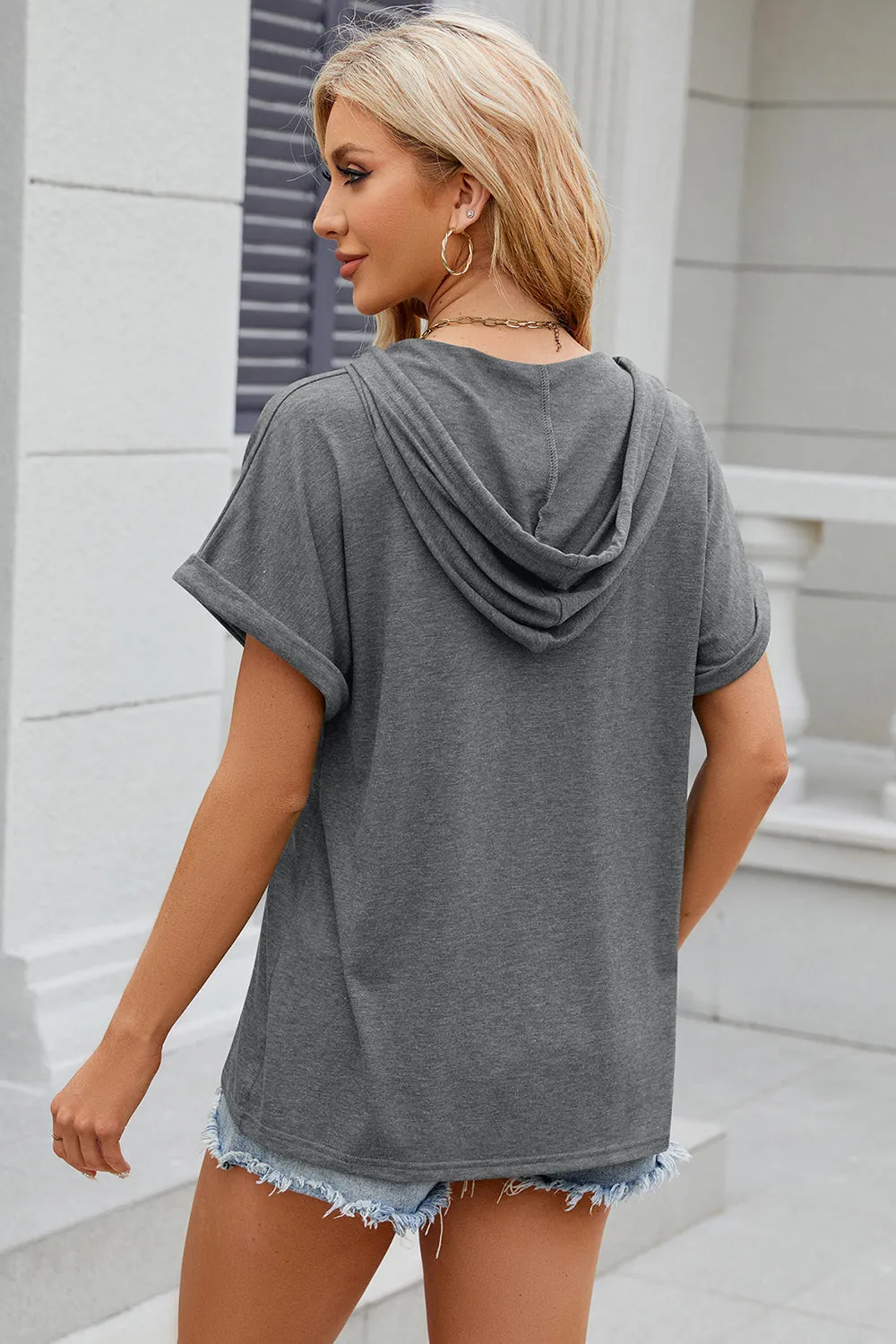 Diane Half Button Drawstring Short Sleeve Hooded T-Shirt