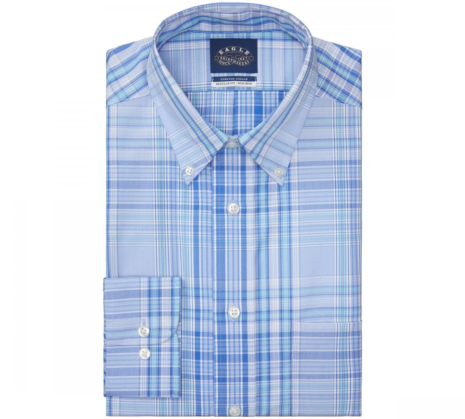 Eagle Men's Non-Iron Stretch Collar Plaid Dress Shirt Lake Blue M 15 32-33
