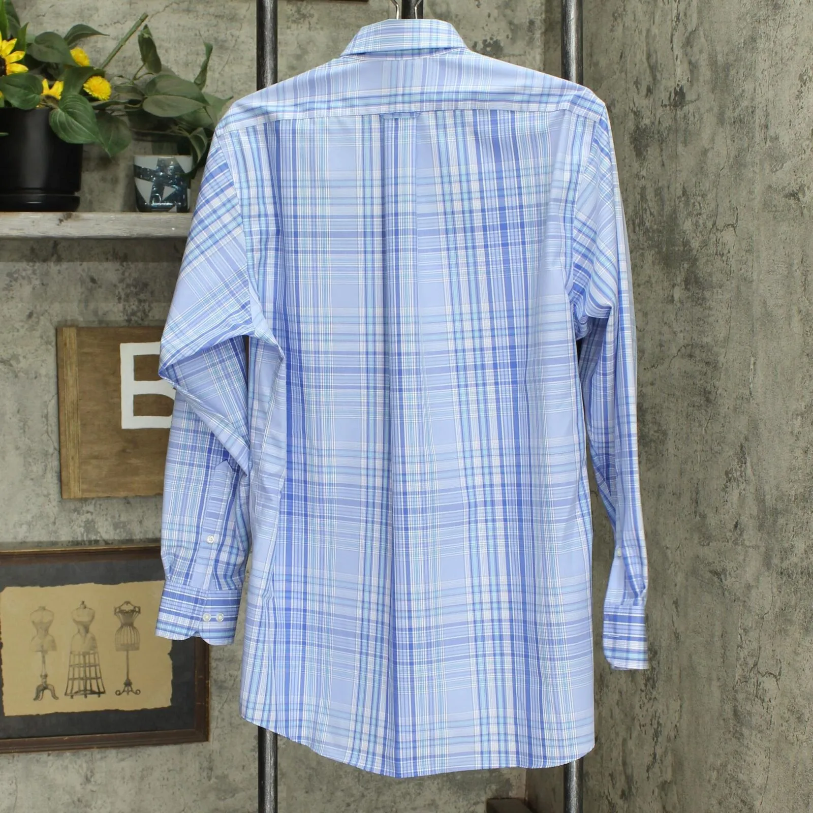 Eagle Men's Non-Iron Stretch Collar Plaid Dress Shirt Lake Blue M 15 32-33