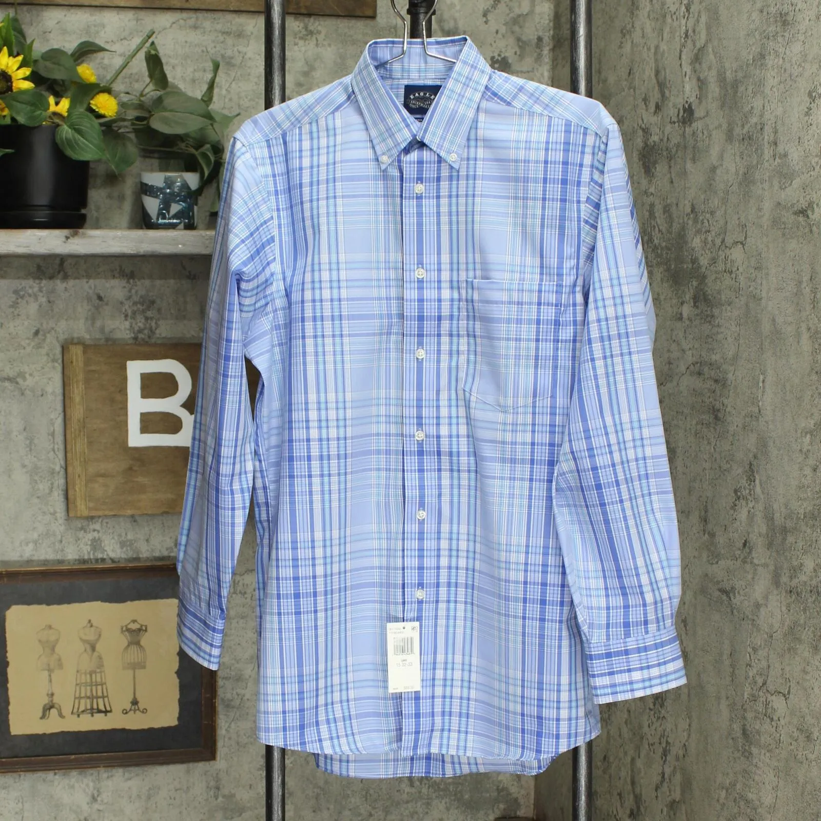 Eagle Men's Non-Iron Stretch Collar Plaid Dress Shirt Lake Blue M 15 32-33