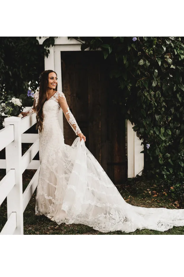 Enchanting Long Sleeves Bohemian Cathedral Train Wedding Dress-715632