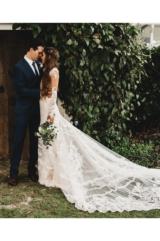 Enchanting Long Sleeves Bohemian Cathedral Train Wedding Dress-715632