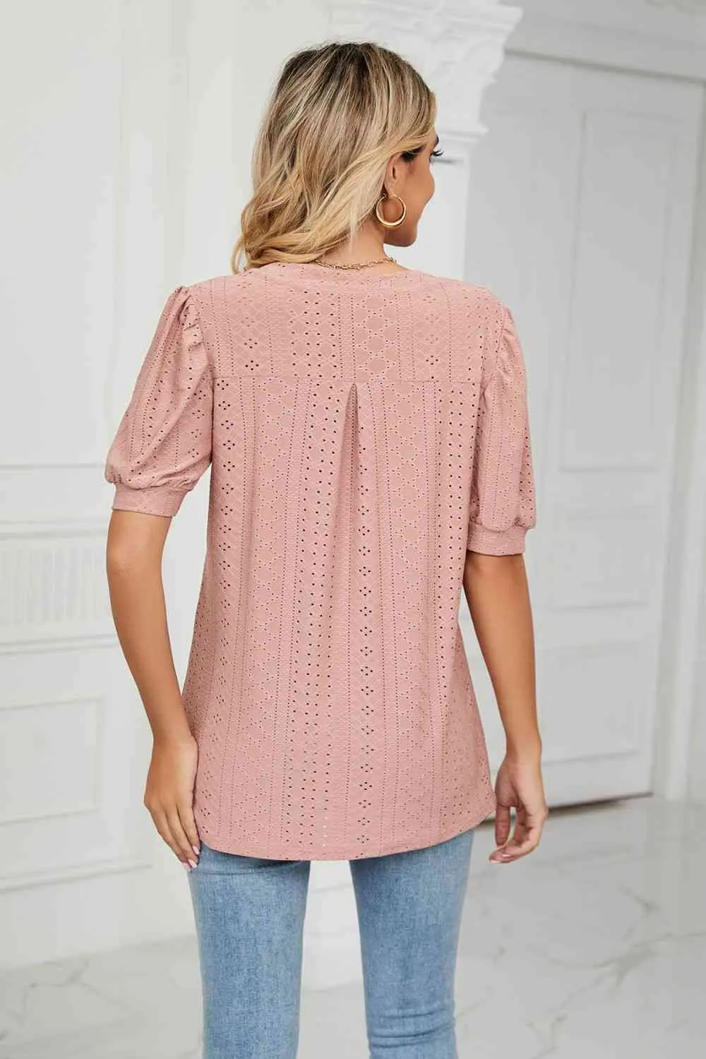 Eyelet Short Puff Sleeve Notched Neck Top (12 Colors)