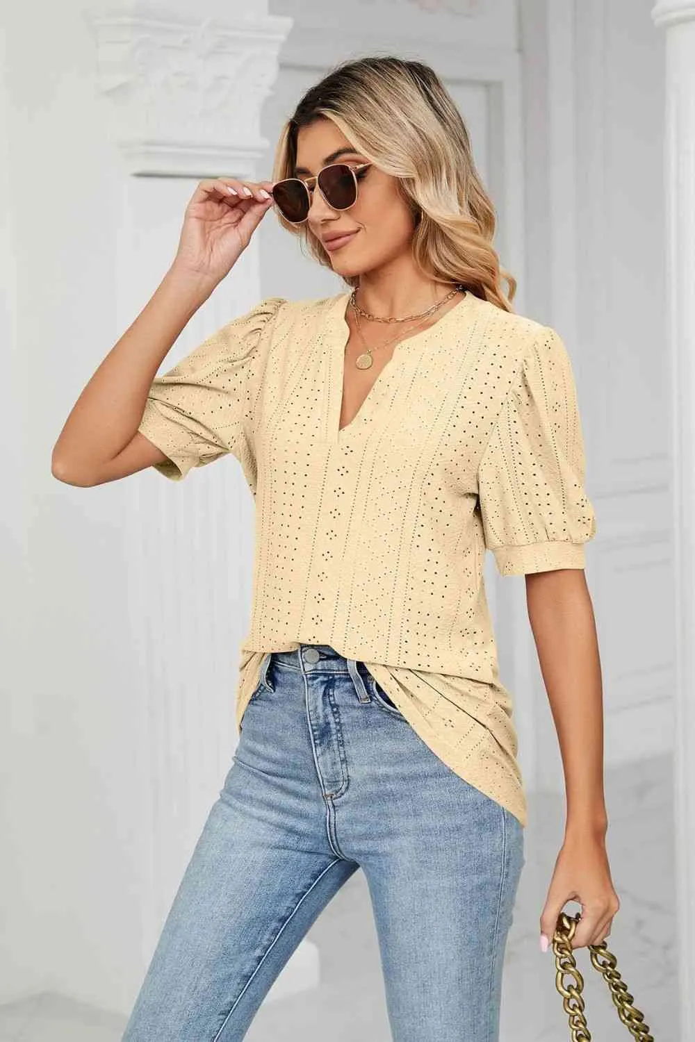 Eyelet Short Puff Sleeve Notched Neck Top (12 Colors)