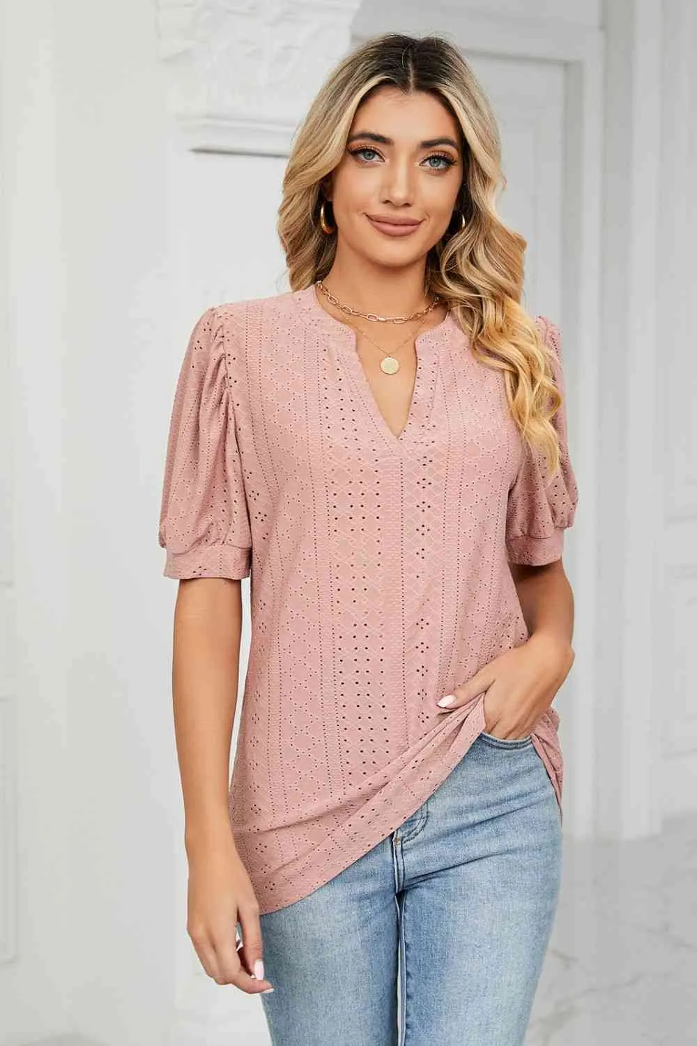 Eyelet Short Puff Sleeve Notched Neck Top (12 Colors)