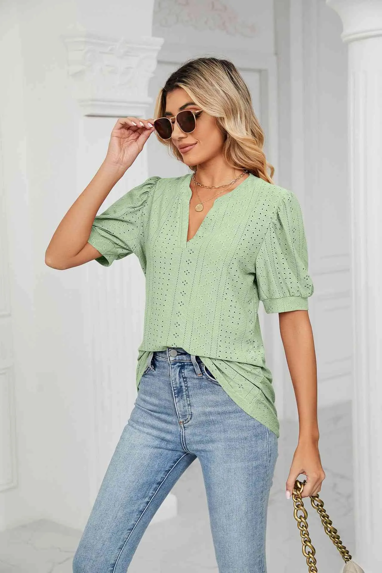 Eyelet Short Puff Sleeve Notched Neck Top (12 Colors)