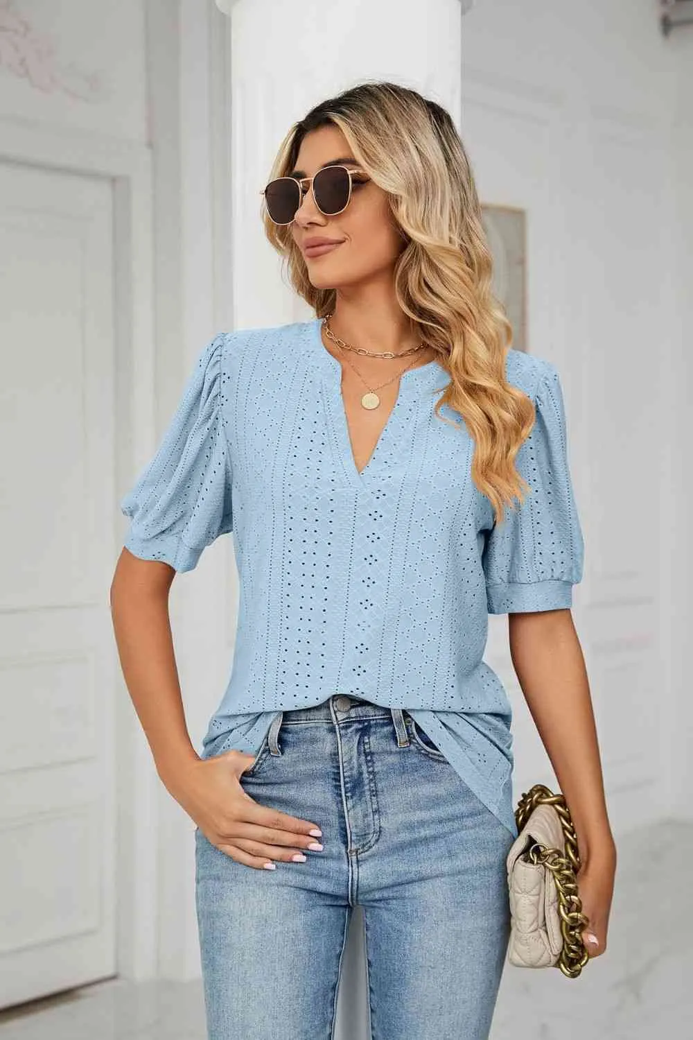 Eyelet Short Puff Sleeve Notched Neck Top (12 Colors)