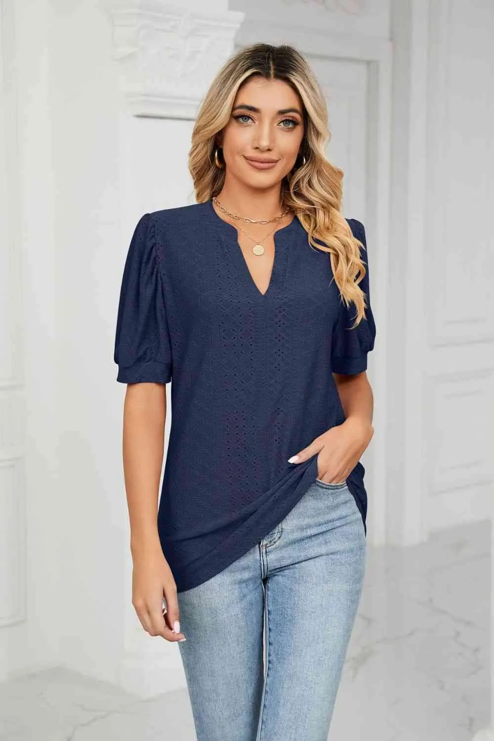 Eyelet Short Puff Sleeve Notched Neck Top (12 Colors)