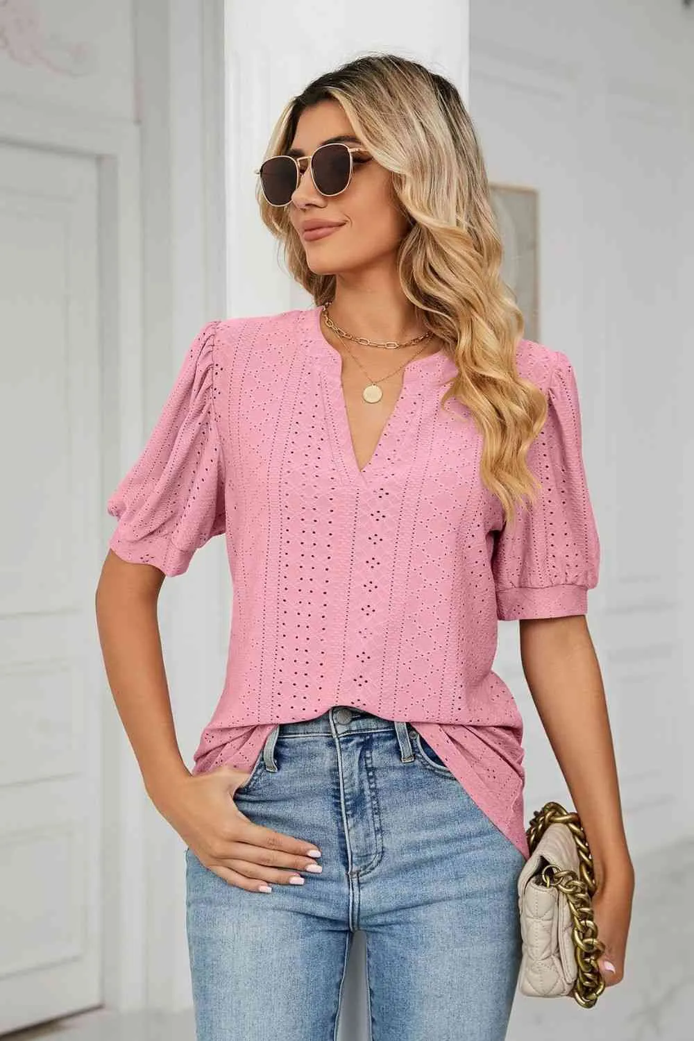 Eyelet Short Puff Sleeve Notched Neck Top (12 Colors)