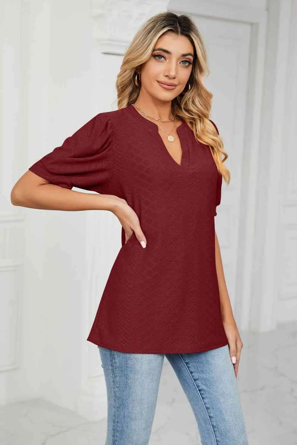 Eyelet Short Puff Sleeve Notched Neck Top (12 Colors)