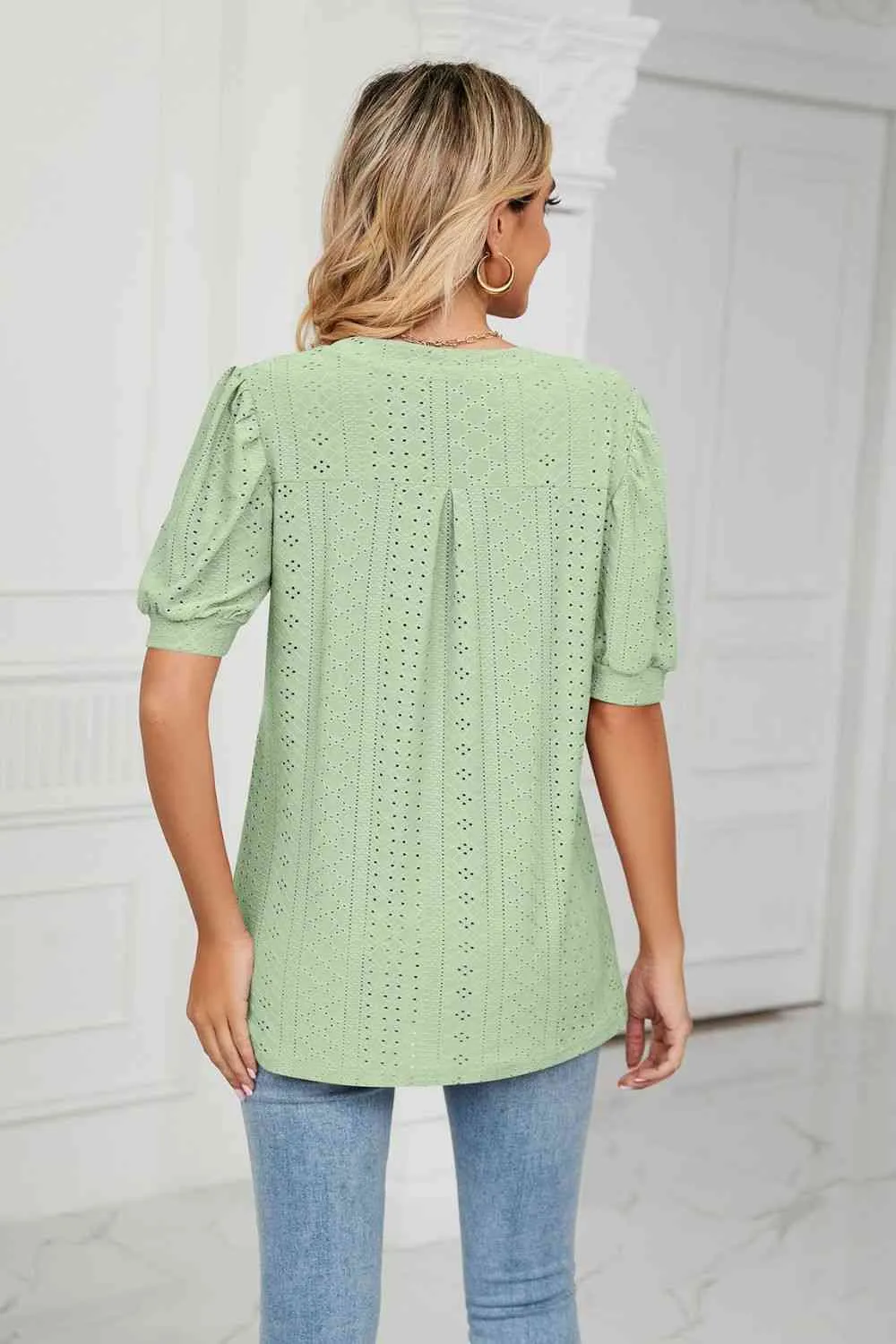 Eyelet Short Puff Sleeve Notched Neck Top (12 Colors)