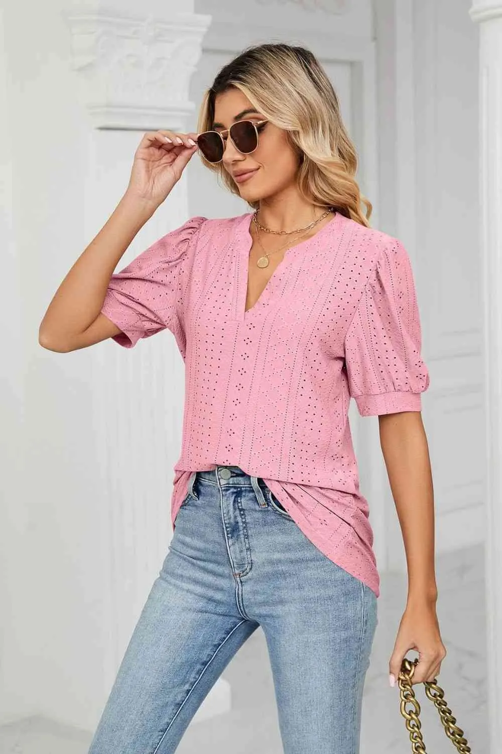 Eyelet Short Puff Sleeve Notched Neck Top (12 Colors)