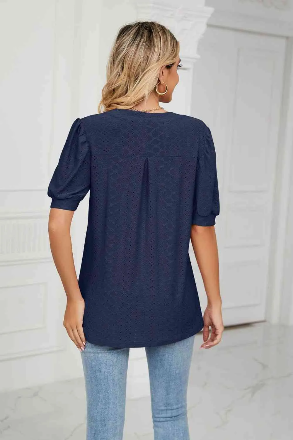 Eyelet Short Puff Sleeve Notched Neck Top (12 Colors)