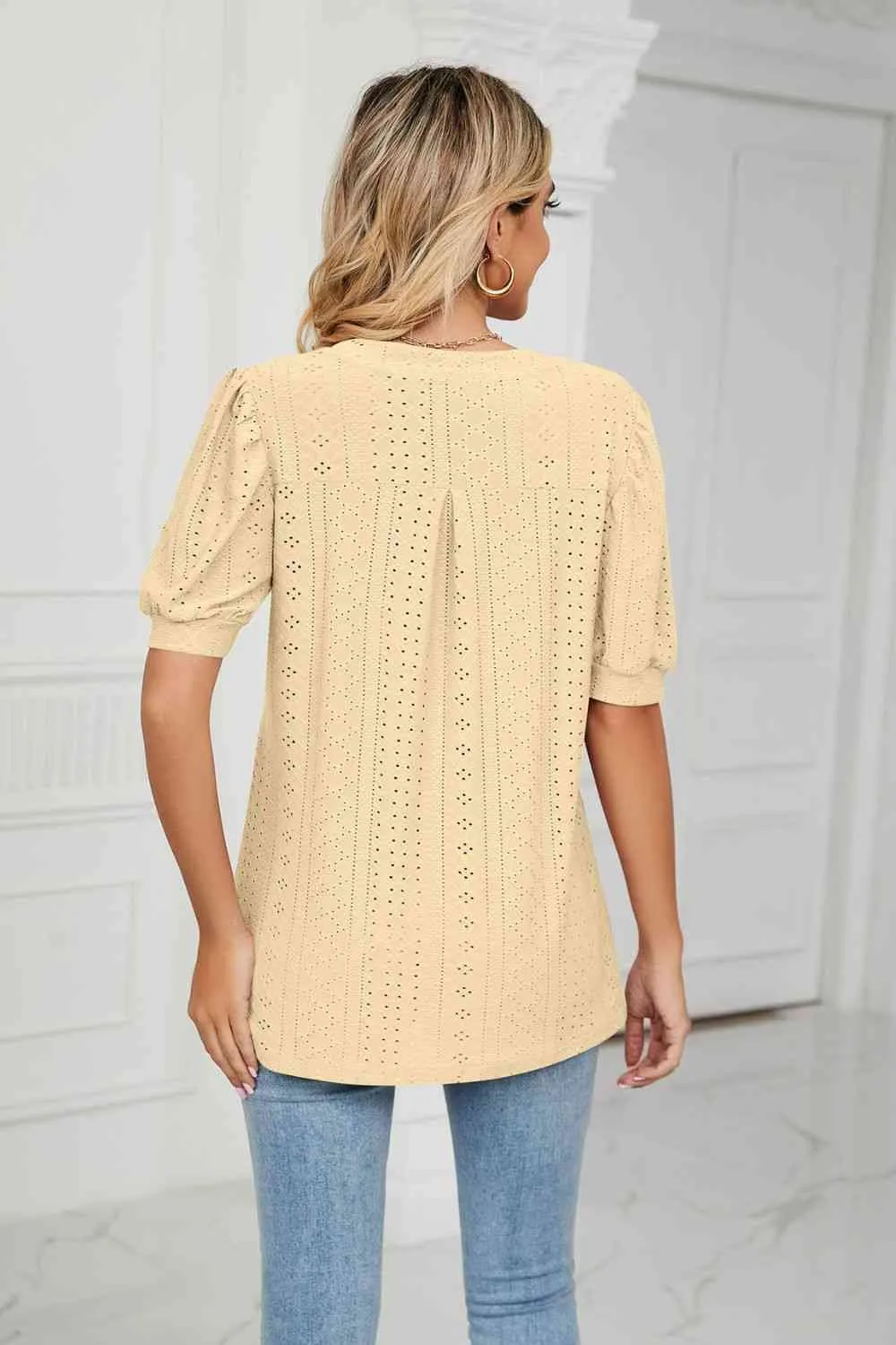 Eyelet Short Puff Sleeve Notched Neck Top (12 Colors)