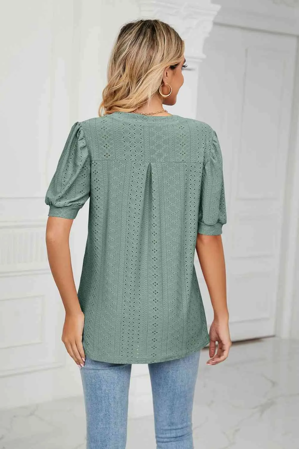Eyelet Short Puff Sleeve Notched Neck Top (12 Colors)