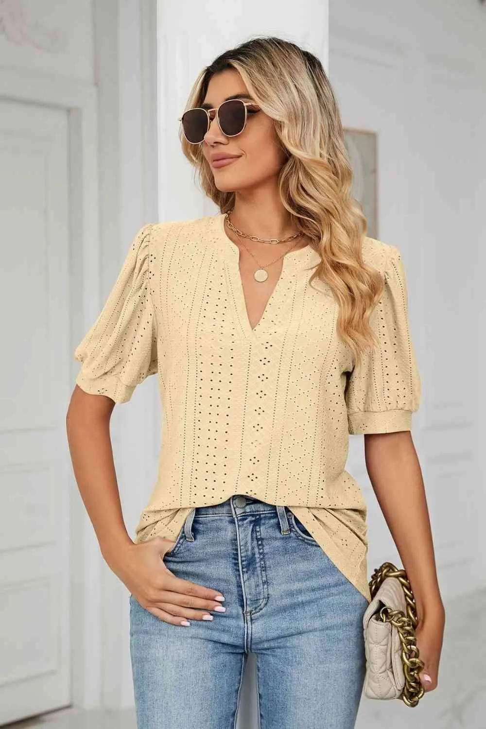 Eyelet Short Puff Sleeve Notched Neck Top (12 Colors)