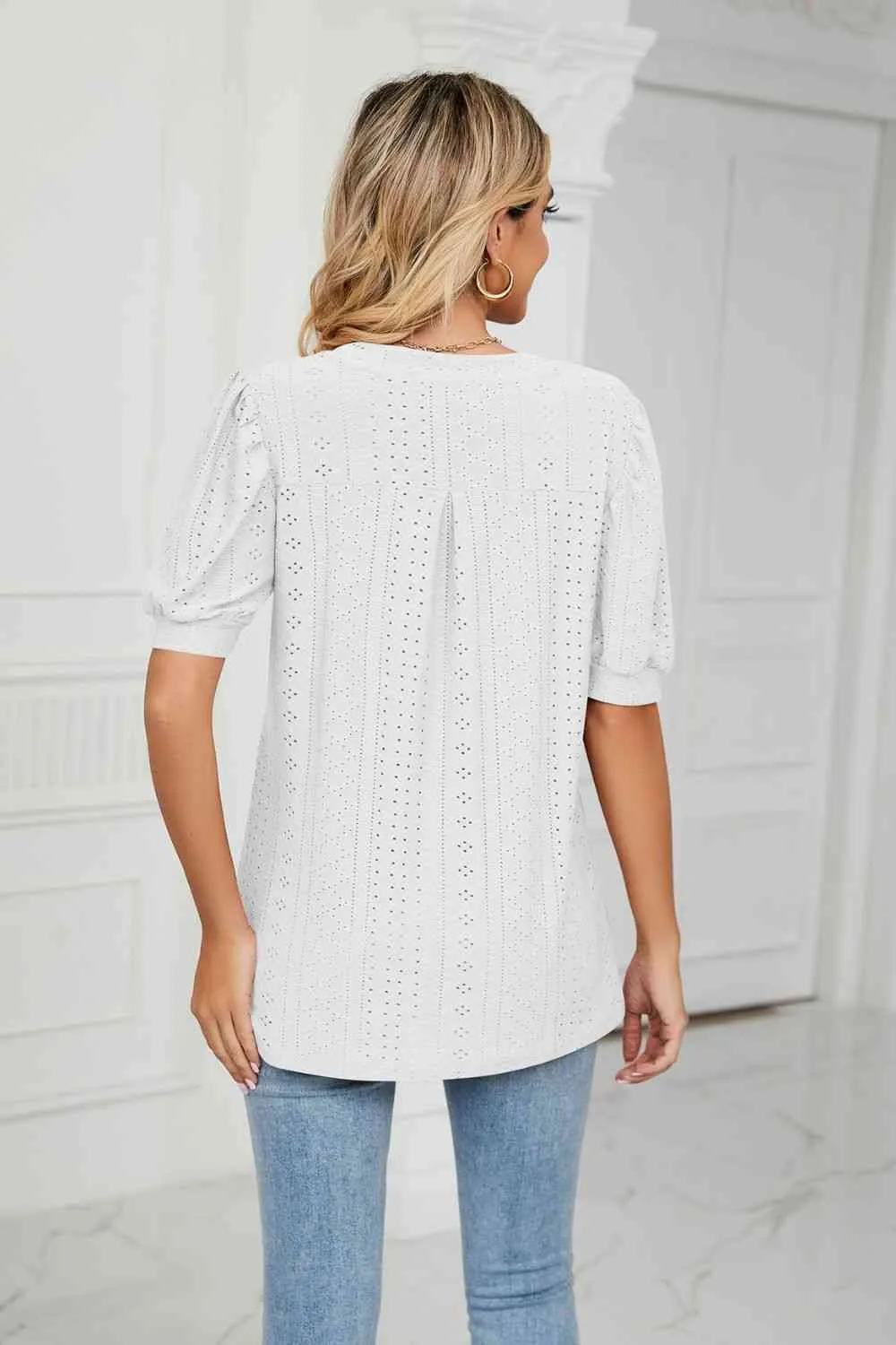 Eyelet Short Puff Sleeve Notched Neck Top (12 Colors)