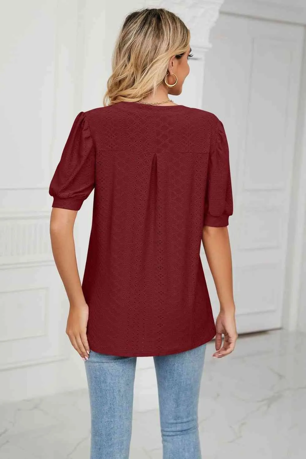Eyelet Short Puff Sleeve Notched Neck Top (12 Colors)