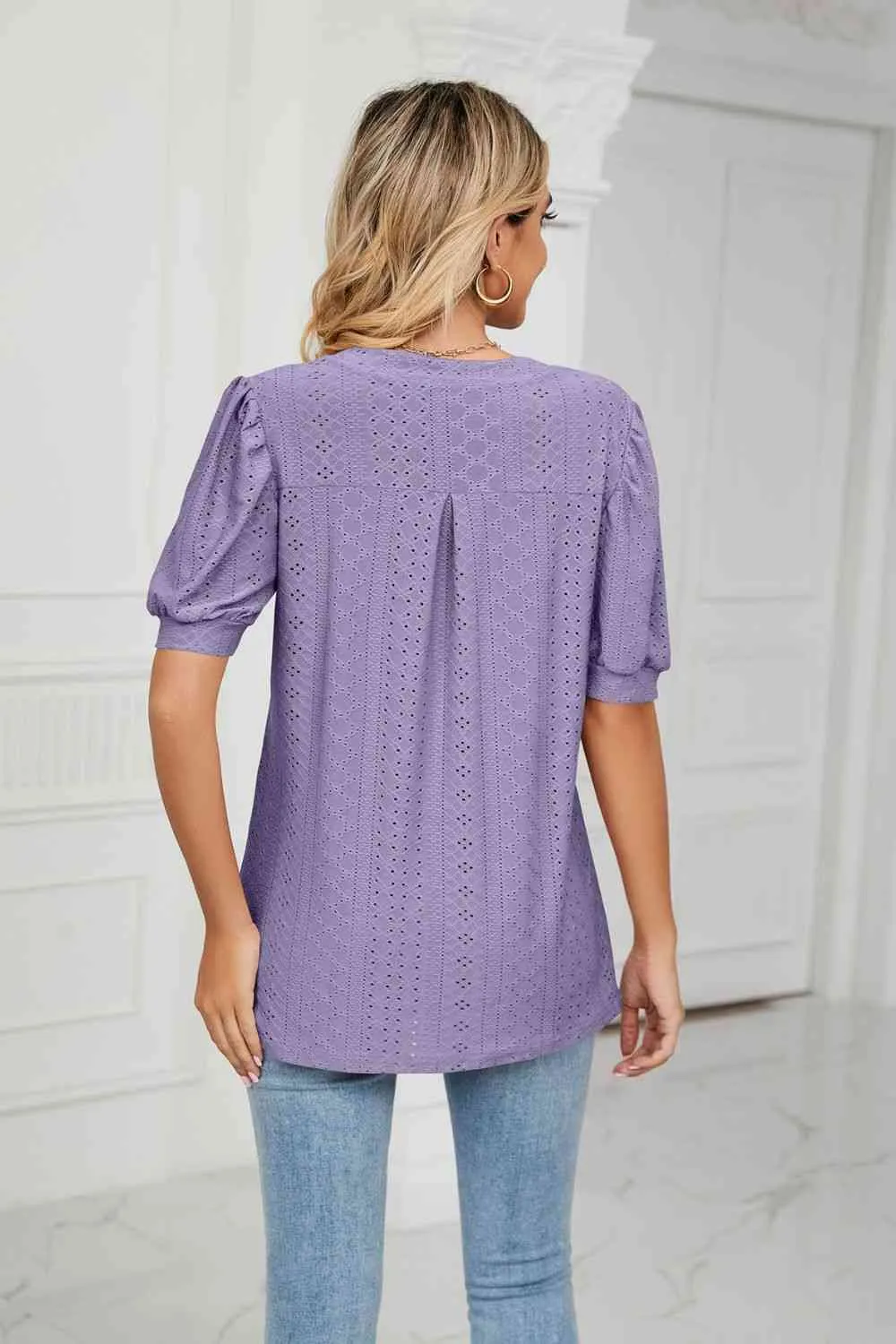 Eyelet Short Puff Sleeve Notched Neck Top (12 Colors)