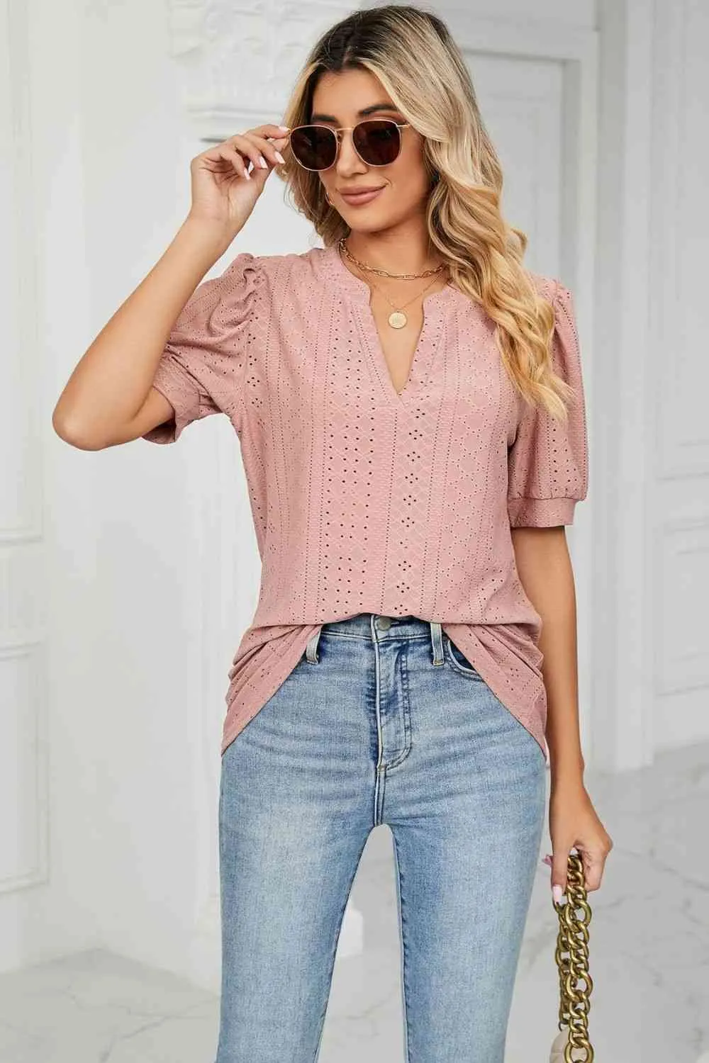 Eyelet Short Puff Sleeve Notched Neck Top (12 Colors)