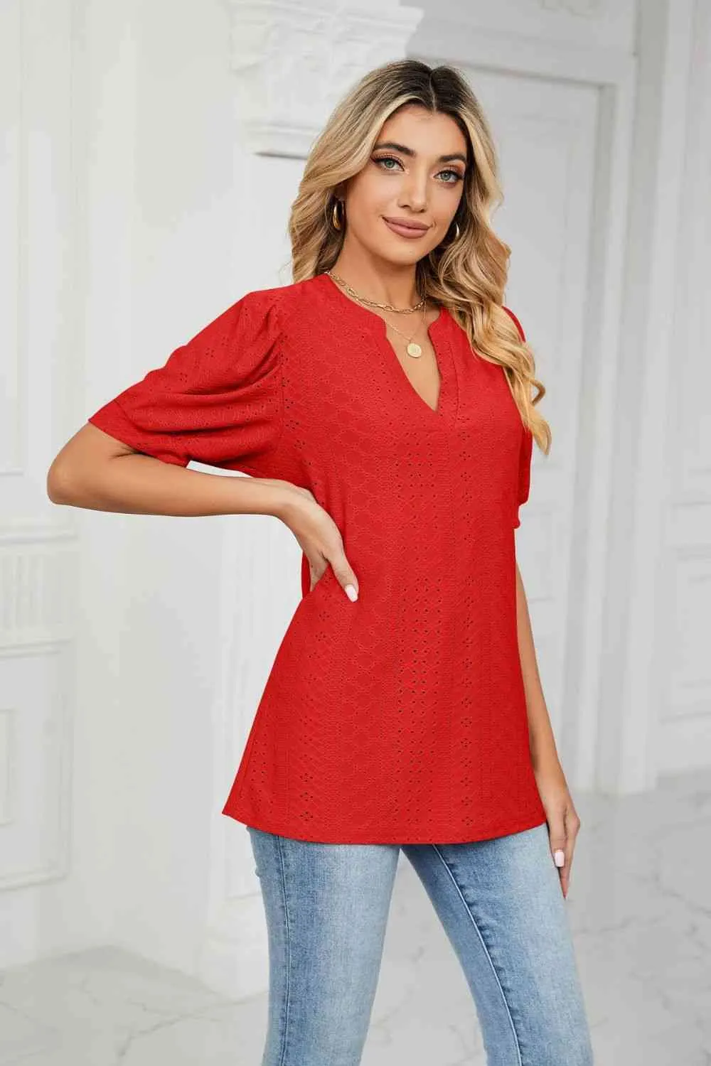 Eyelet Short Puff Sleeve Notched Neck Top (12 Colors)