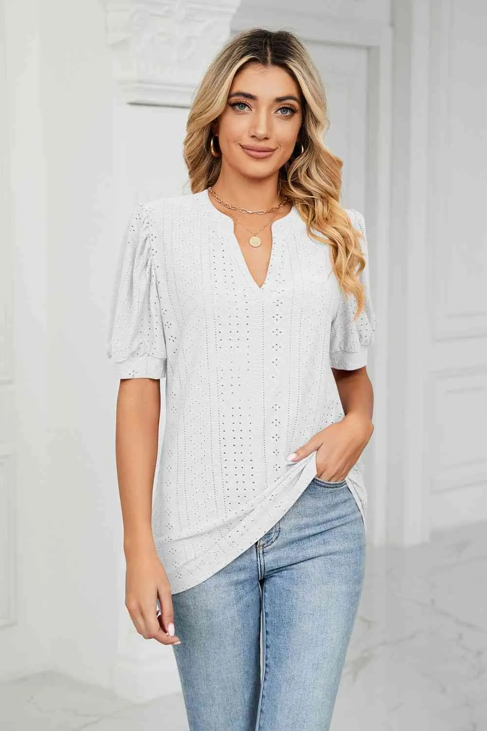 Eyelet Short Puff Sleeve Notched Neck Top (12 Colors)
