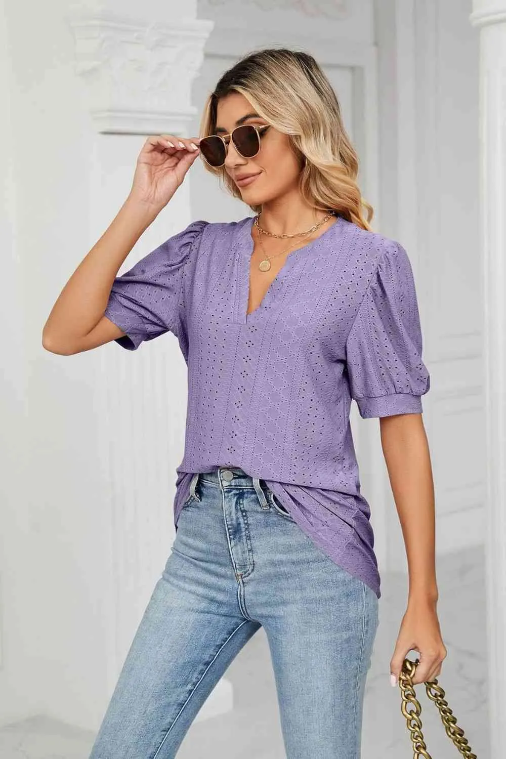 Eyelet Short Puff Sleeve Notched Neck Top (12 Colors)