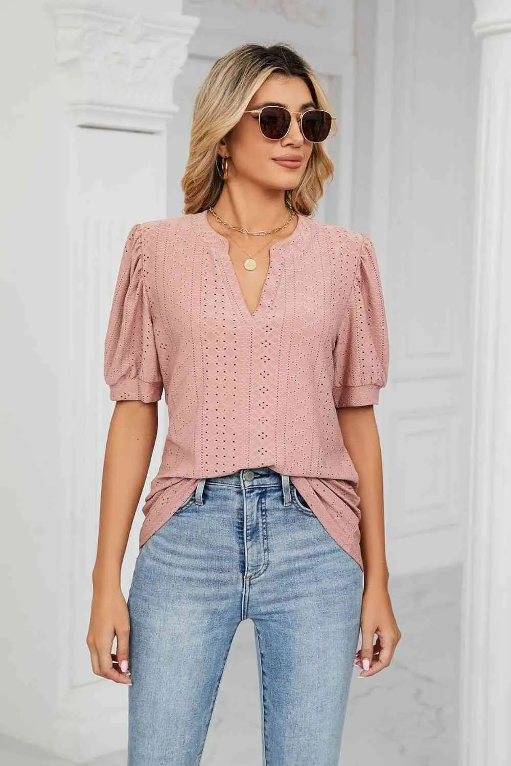 Eyelet Short Puff Sleeve Notched Neck Top (12 Colors)