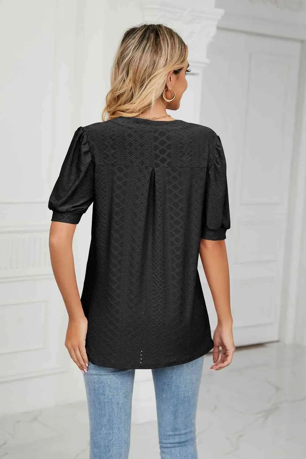 Eyelet Short Puff Sleeve Notched Neck Top (12 Colors)