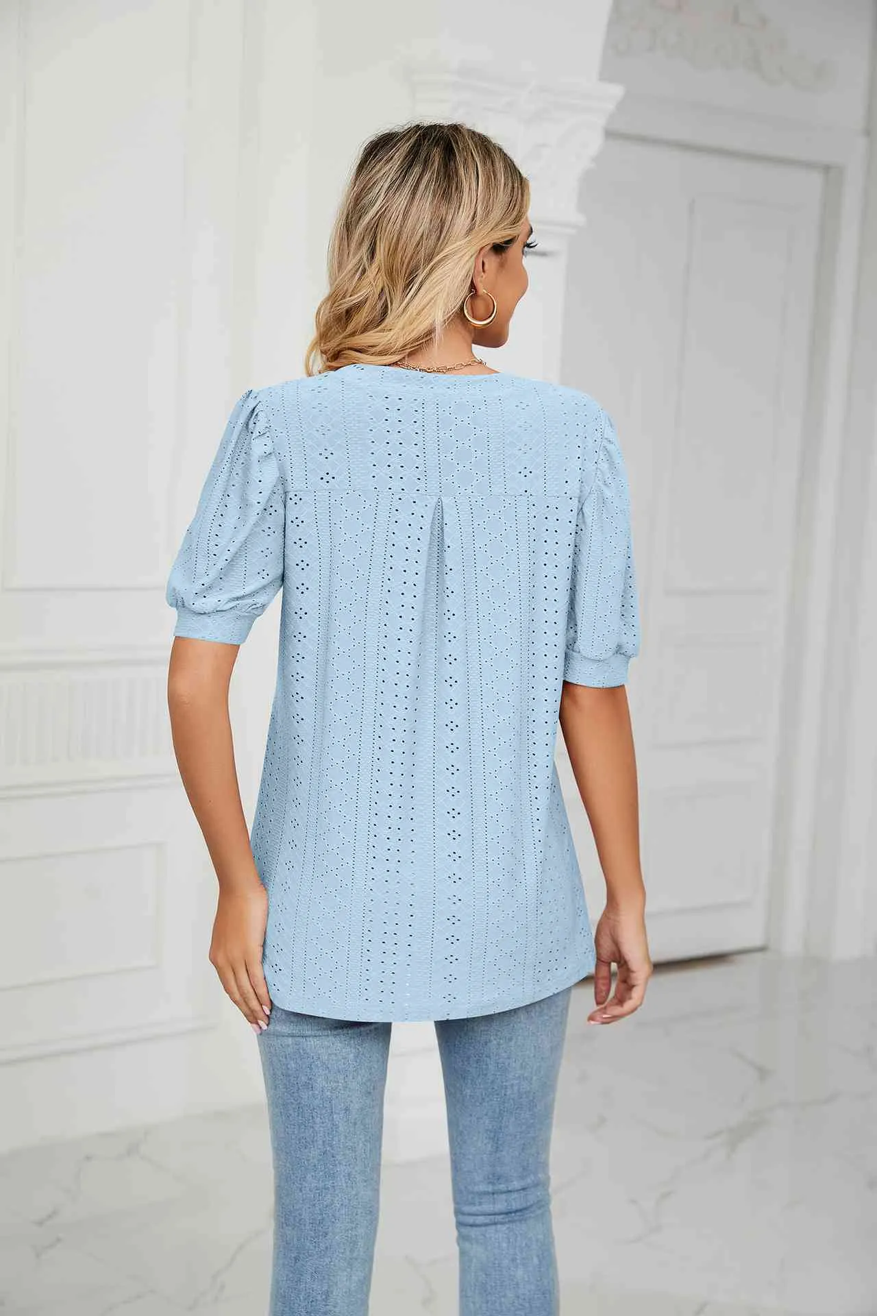 Eyelet Short Puff Sleeve Notched Neck Top (12 Colors)