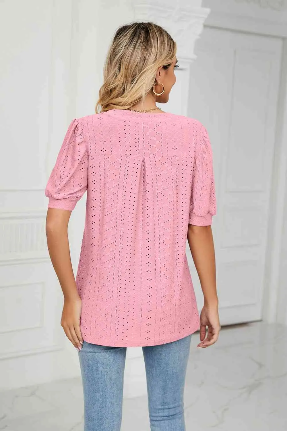 Eyelet Short Puff Sleeve Notched Neck Top (12 Colors)