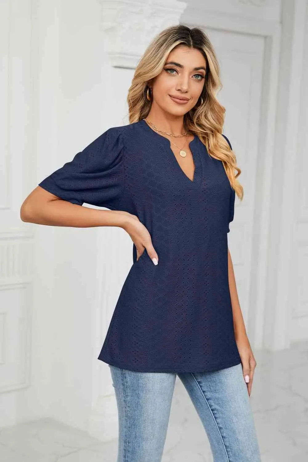 Eyelet Short Puff Sleeve Notched Neck Top (12 Colors)