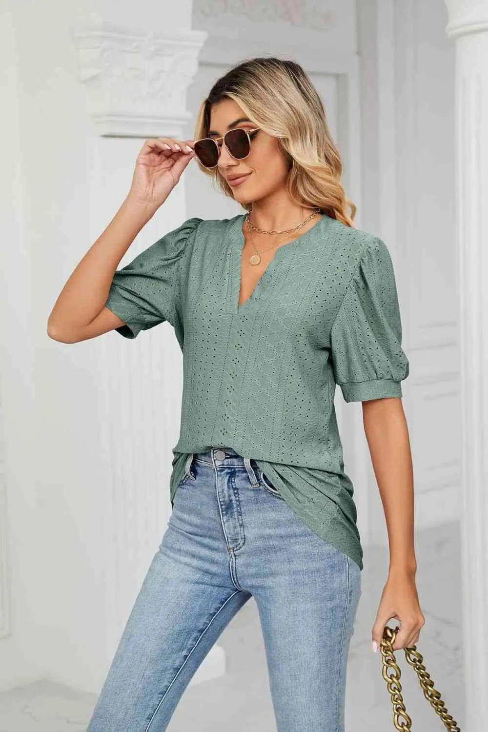 Eyelet Short Puff Sleeve Notched Neck Top (12 Colors)