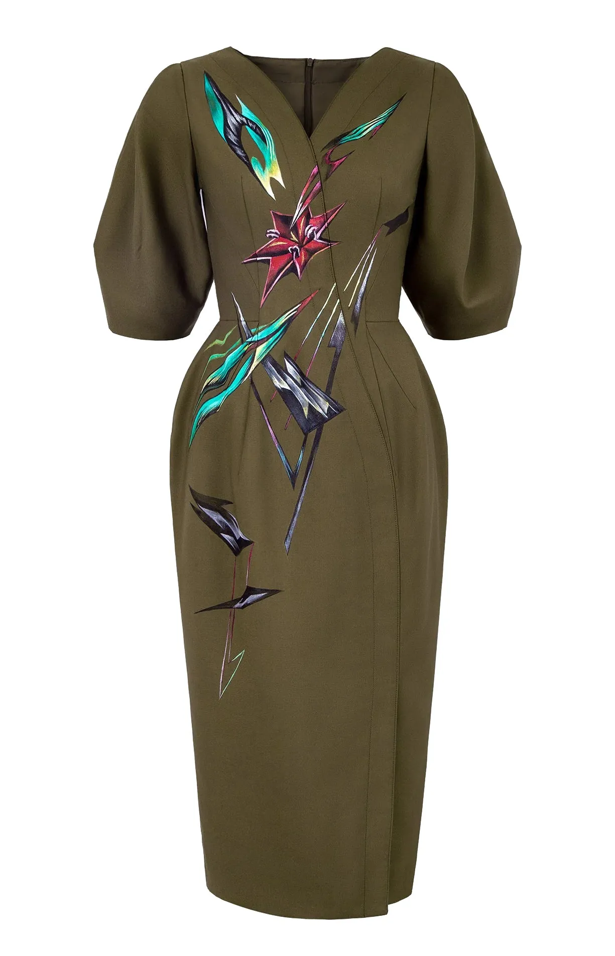 Flower Abstract-Painted Olive Green Puff Sleeve Midi Dress