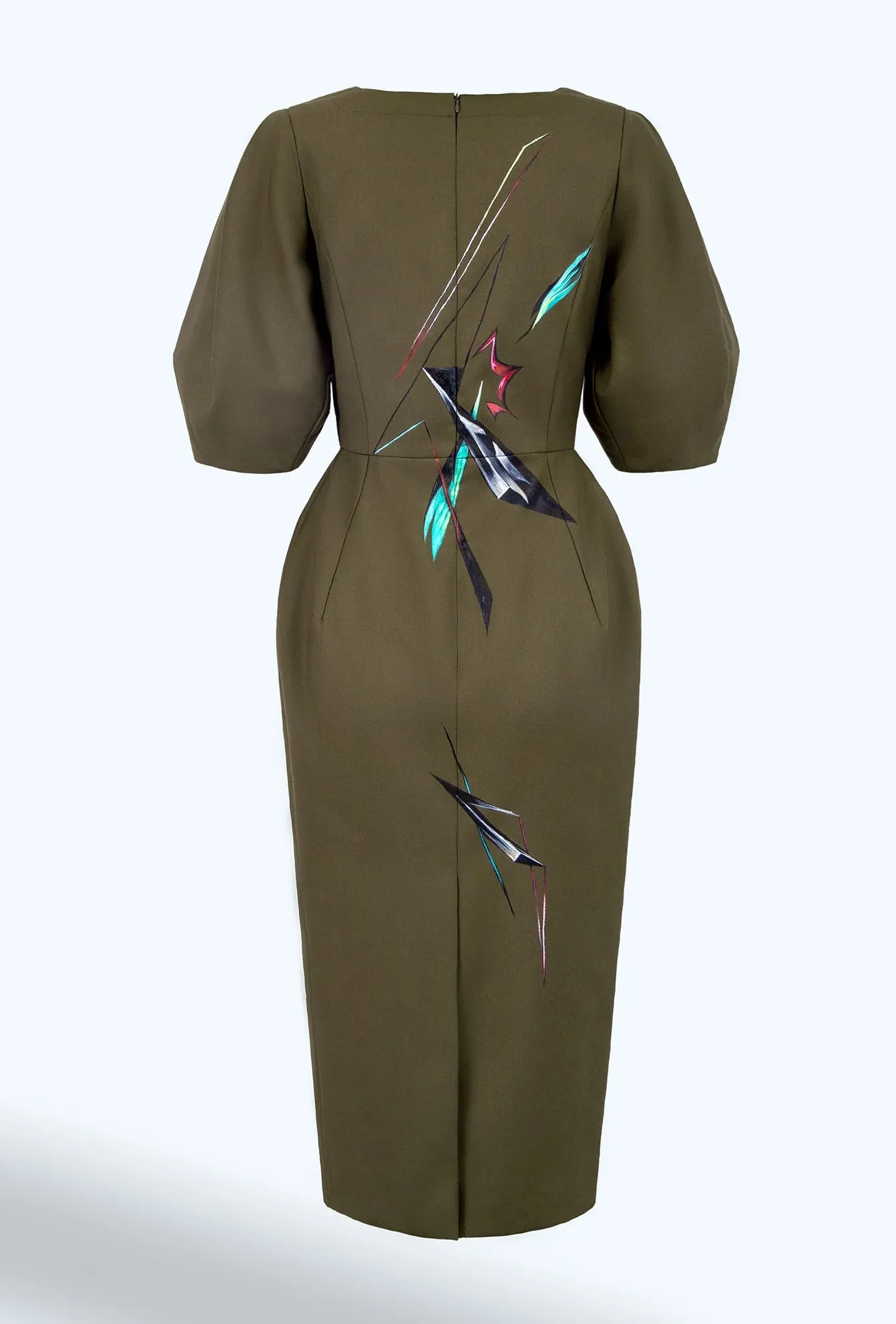 Flower Abstract-Painted Olive Green Puff Sleeve Midi Dress