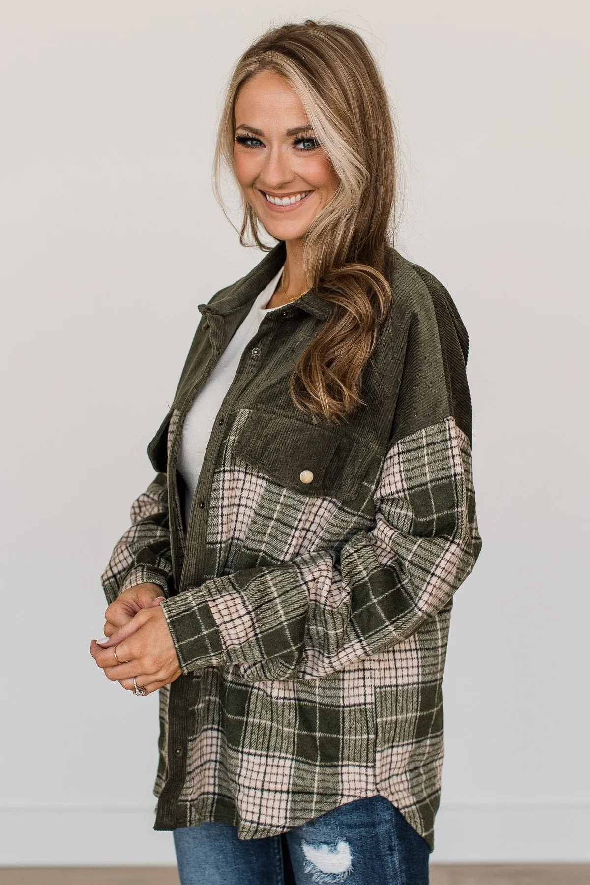 Fresh Pick Plaid Shirt Jacket- Dark Olive