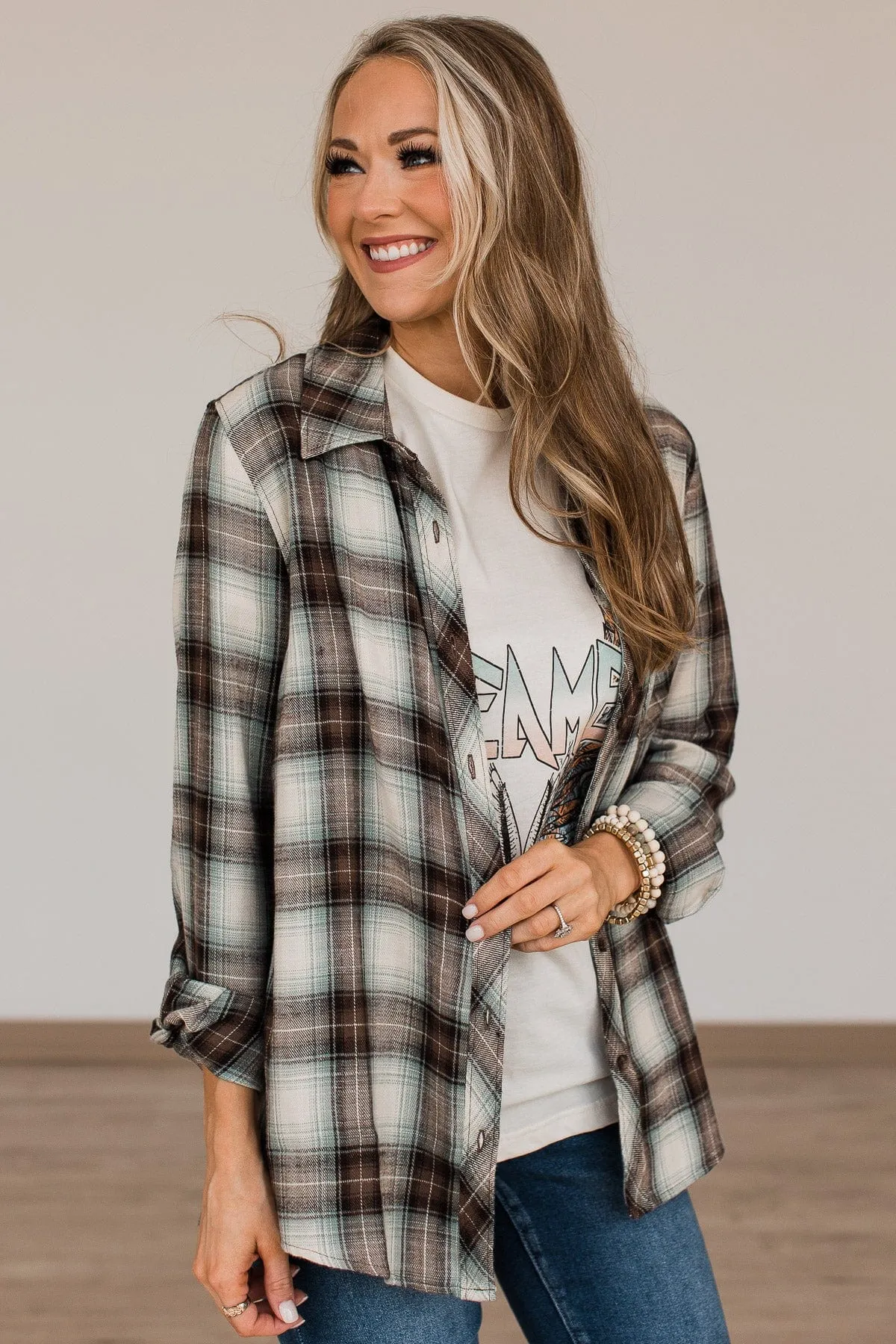 From Now On Plaid Button Top- Sage