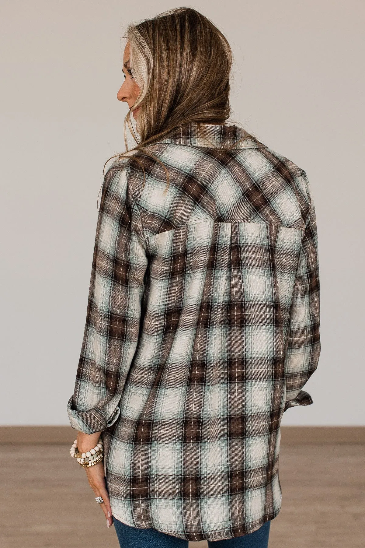From Now On Plaid Button Top- Sage