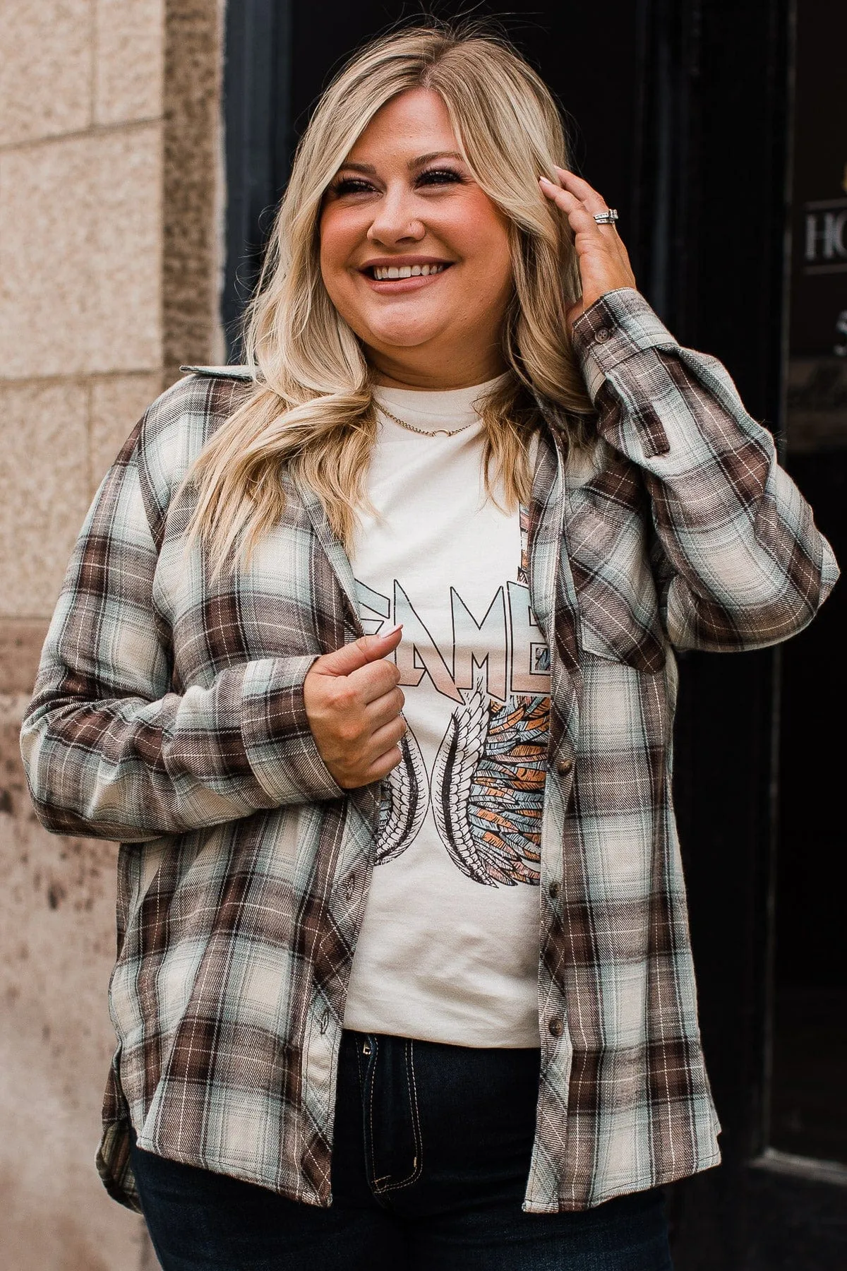 From Now On Plaid Button Top- Sage