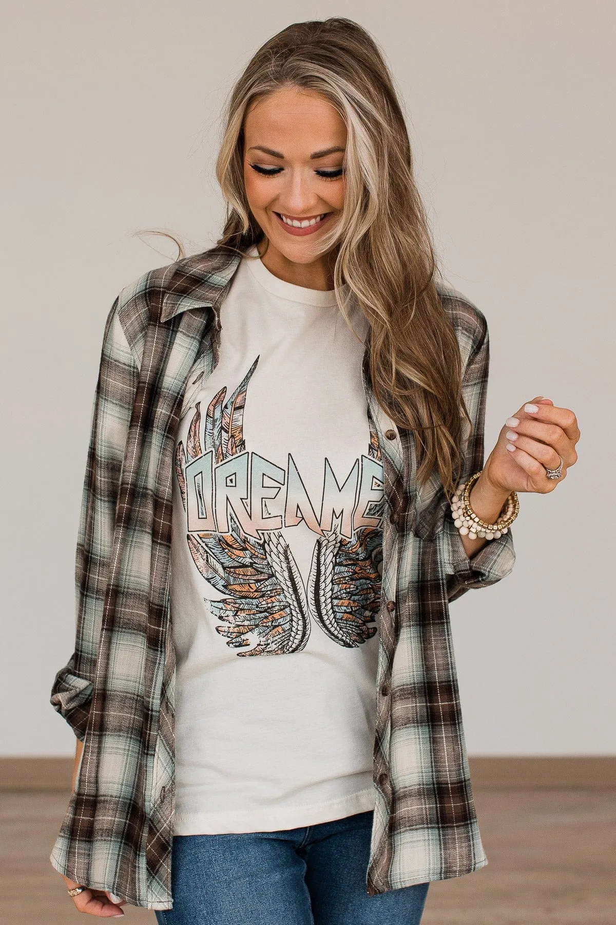 From Now On Plaid Button Top- Sage