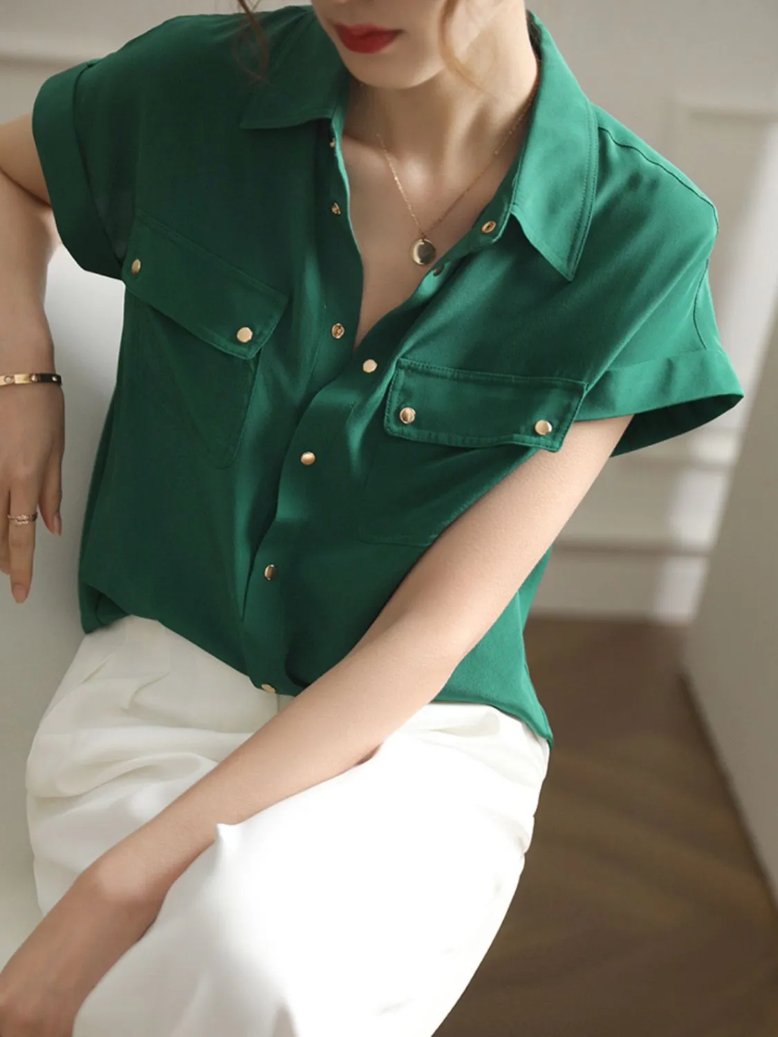 Full Size Snap Down Collared Neck Short Sleeve Shirt (2 Colors)