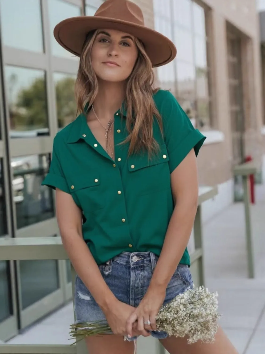 Full Size Snap Down Collared Neck Short Sleeve Shirt (2 Colors)