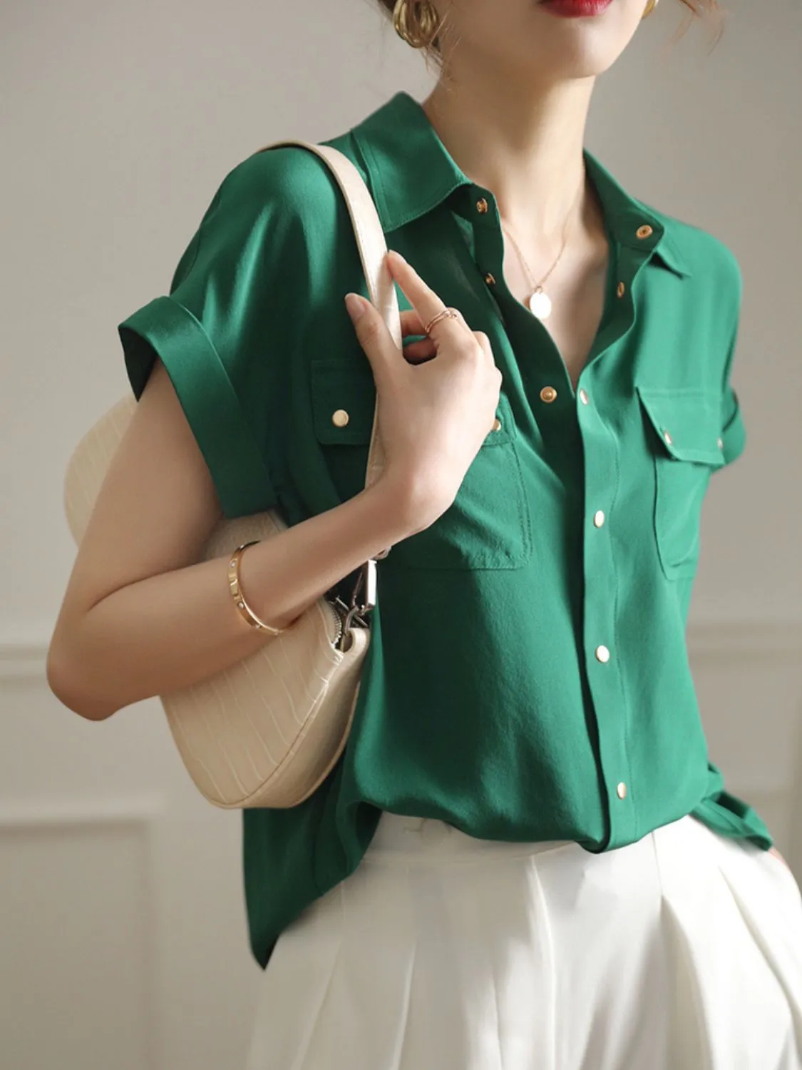 Full Size Snap Down Collared Neck Short Sleeve Shirt (2 Colors)